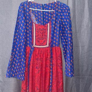 1970s Vintage Joy Stevens Royal blue Paisley red Prairie Boho Peasant Maxi dress